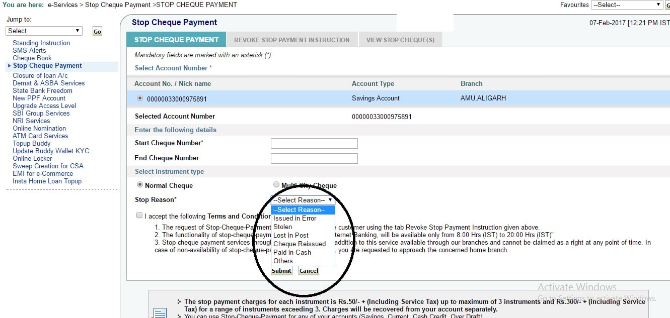 Stopping Cheques Payment using SBI Internet Banking