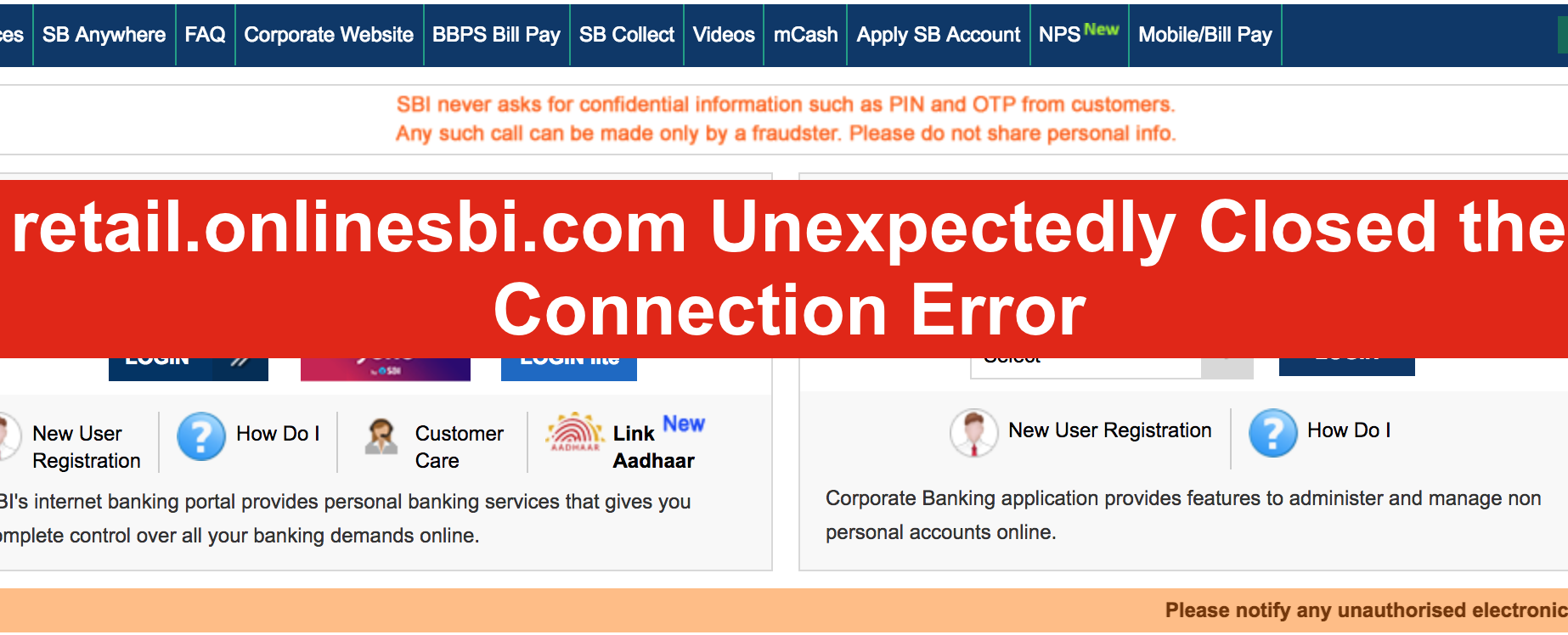retail.onlinesbi.com Unexpectedly Closed the Connection Error | Site Cannot Be Reached